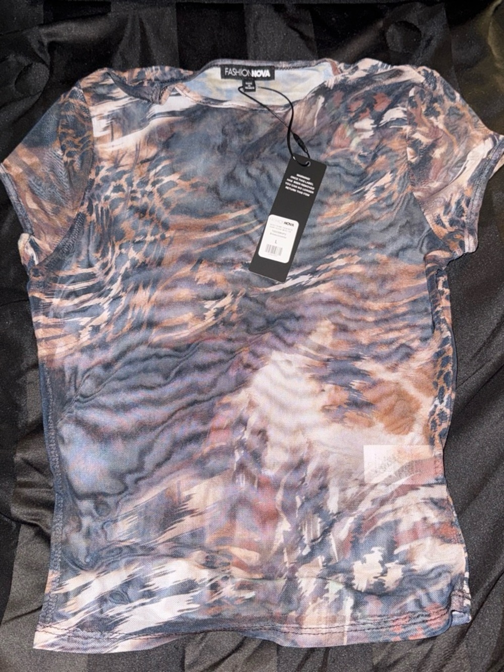 Fashion Nova Brown & Blue Abstract Mesh Tee